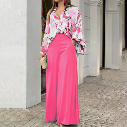 Women's Printed Shirt Wide Leg Pants Fashion Casual Set See size chart under “more details”