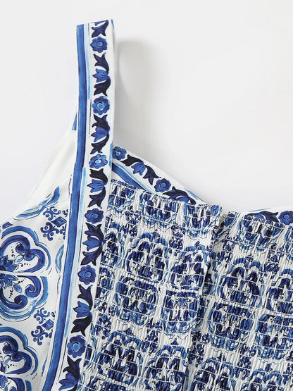 Smocked Printed Wide Strap Dress