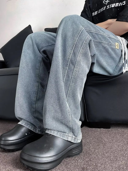 Men's Plus Size Drawstring Washed Wide Leg Jeans