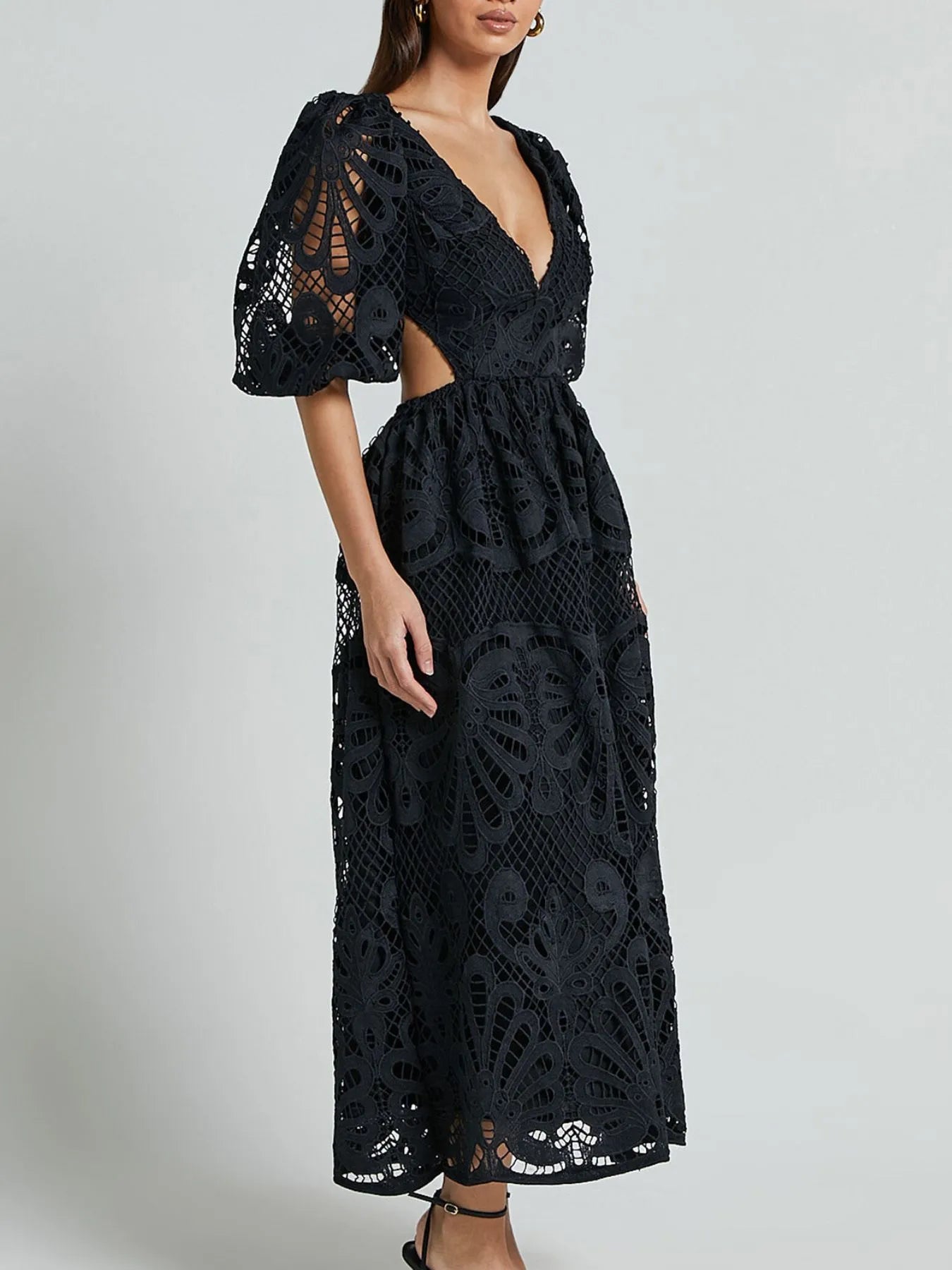 Cutout Back Lace Crochet V-Neck Dress