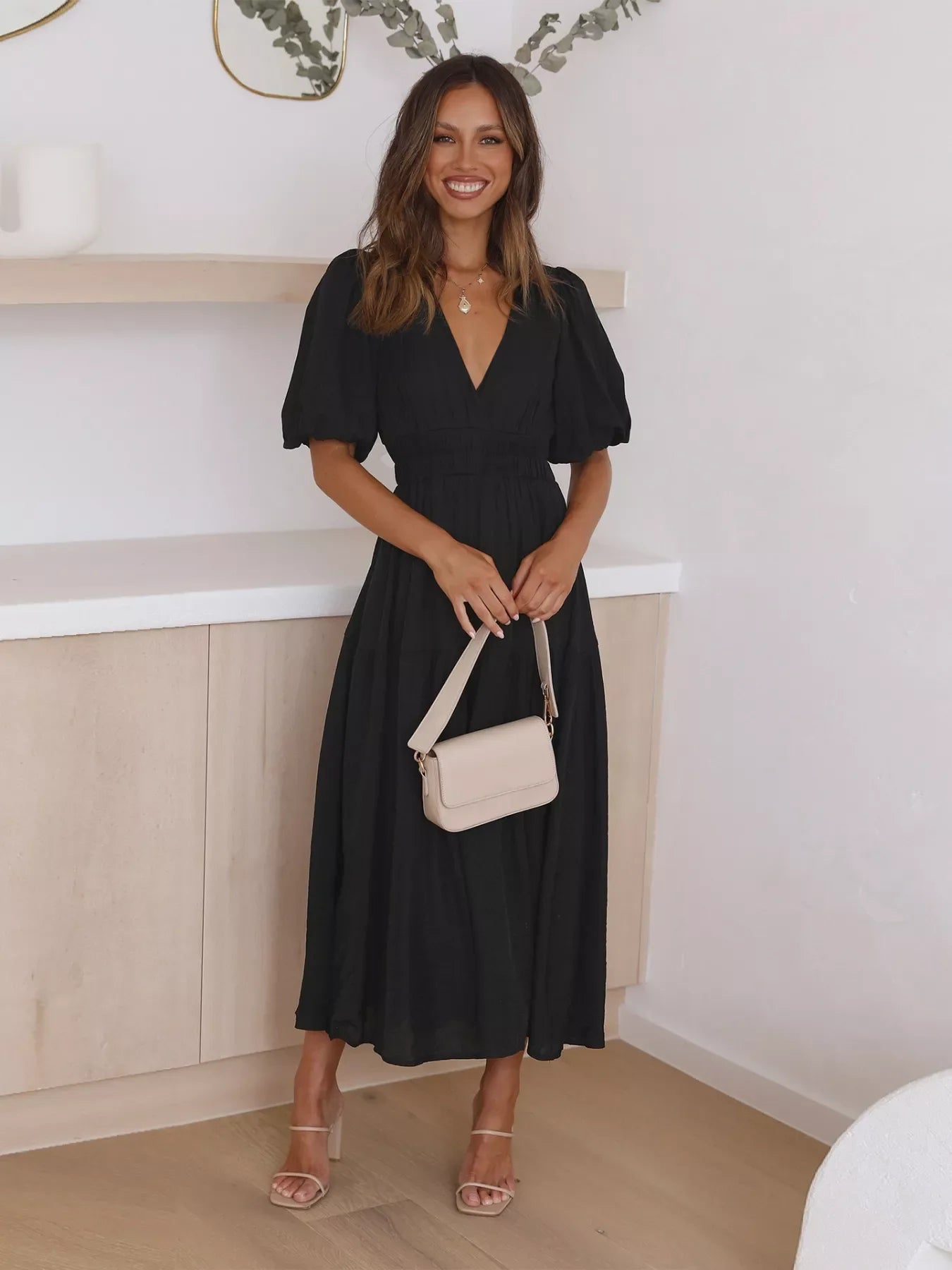 Tiered Puff Sleeve Midi Dress
