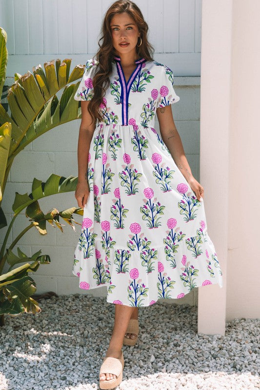 Julietta Floral Puff Short Sleeve V Neck High Waist Dress