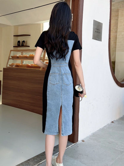 Full Size Denim Patchwork Short Sleeve Slit Back Dress Plus Size
