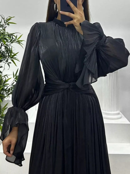 Pleated Mock Neck Long Sleeve Maxi Dress