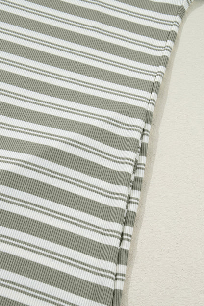Stripe Collared V-Neck Short Sleeve Midi Dress
