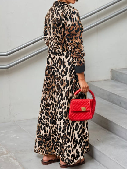 Leopard Print Long Sleeve Shirt Dress with Contrast Trim