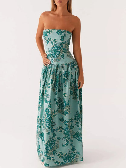 Ruched Printed Tube Maxi Dress