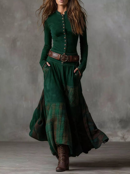 Plaid Button Front Long Sleeve Dress