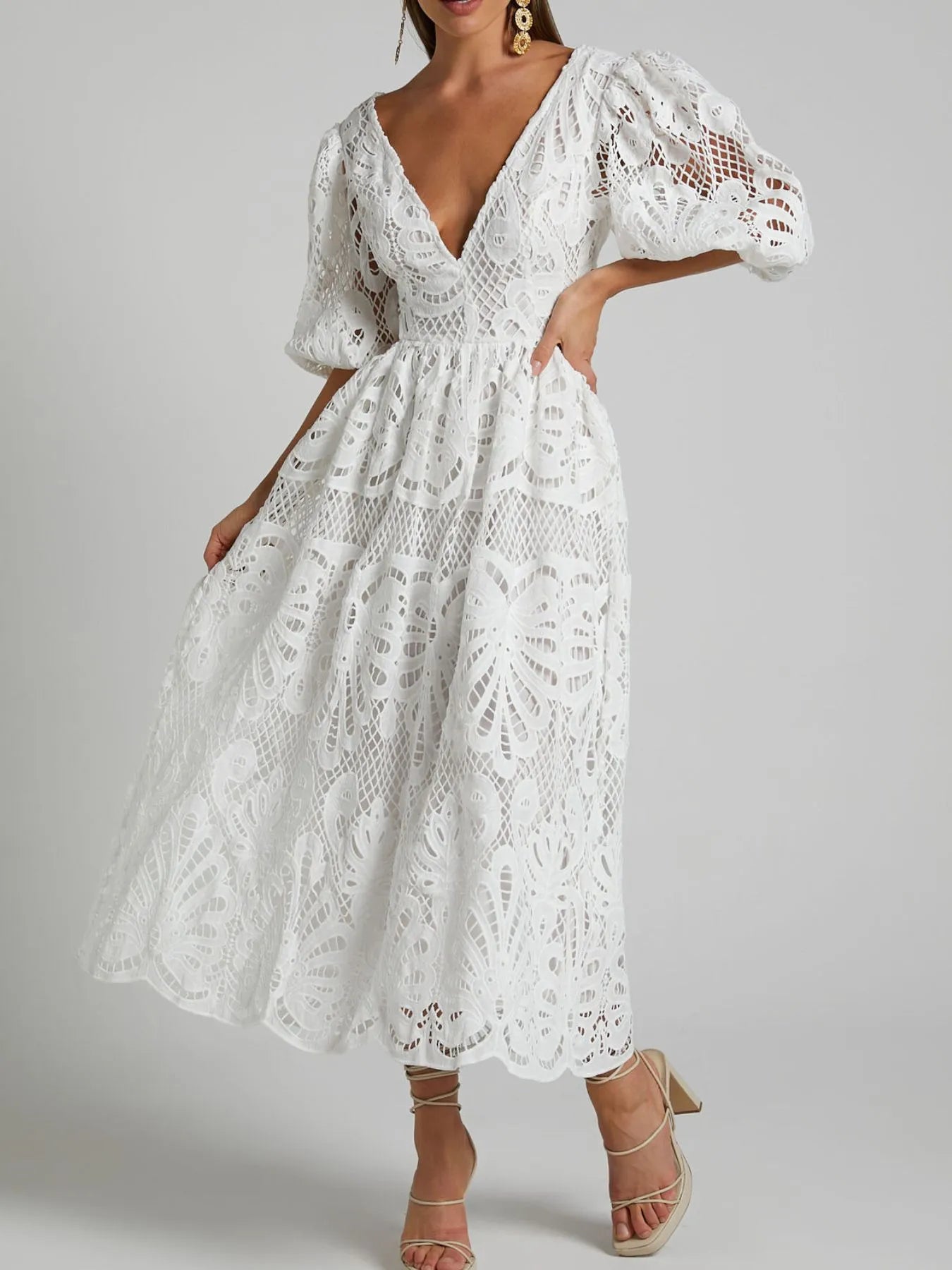 Cutout Back Lace Crochet V-Neck Dress