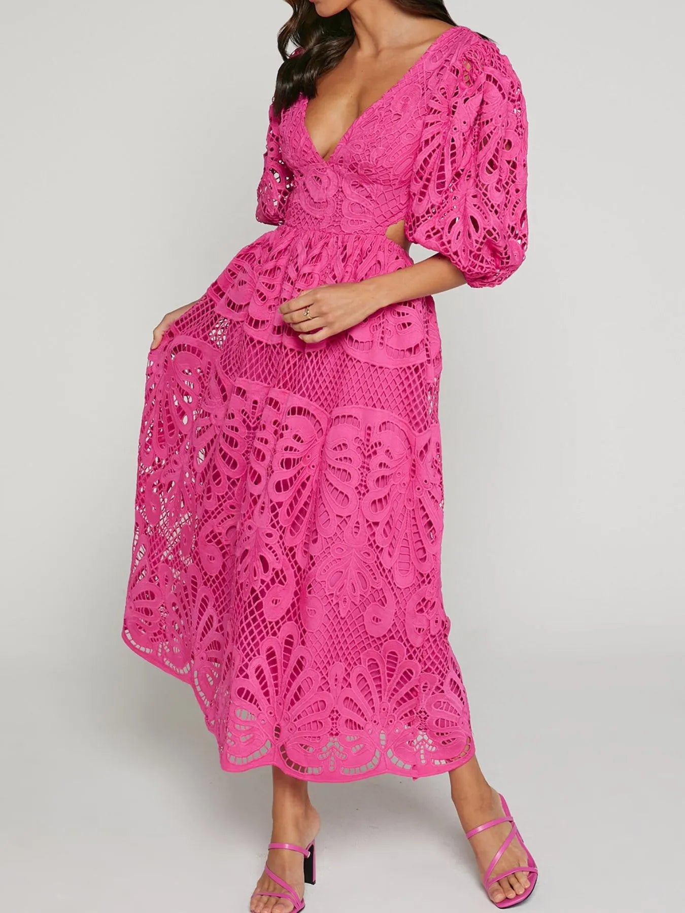 Cutout Back Lace Crochet V-Neck Dress