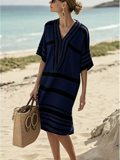 Full Size Striped Half Sleeve Midi Dress Plus Size