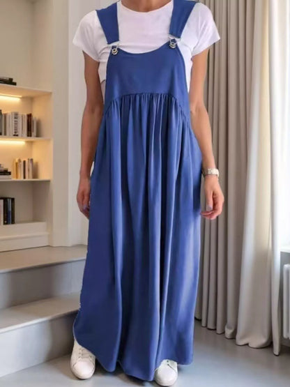 Ruched Wide Strap Overall Maxi Dress