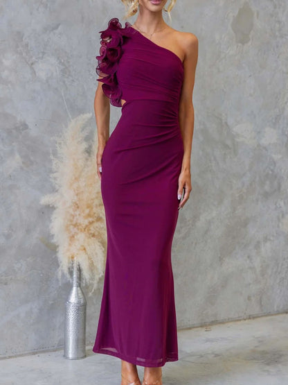 One-Shoulder Floral Trim Sleeveless Maxi Dress