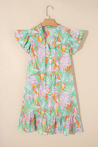 Luxury Abstract Floral Ruffle Trim Flutter Sleeve Buttoned Dress