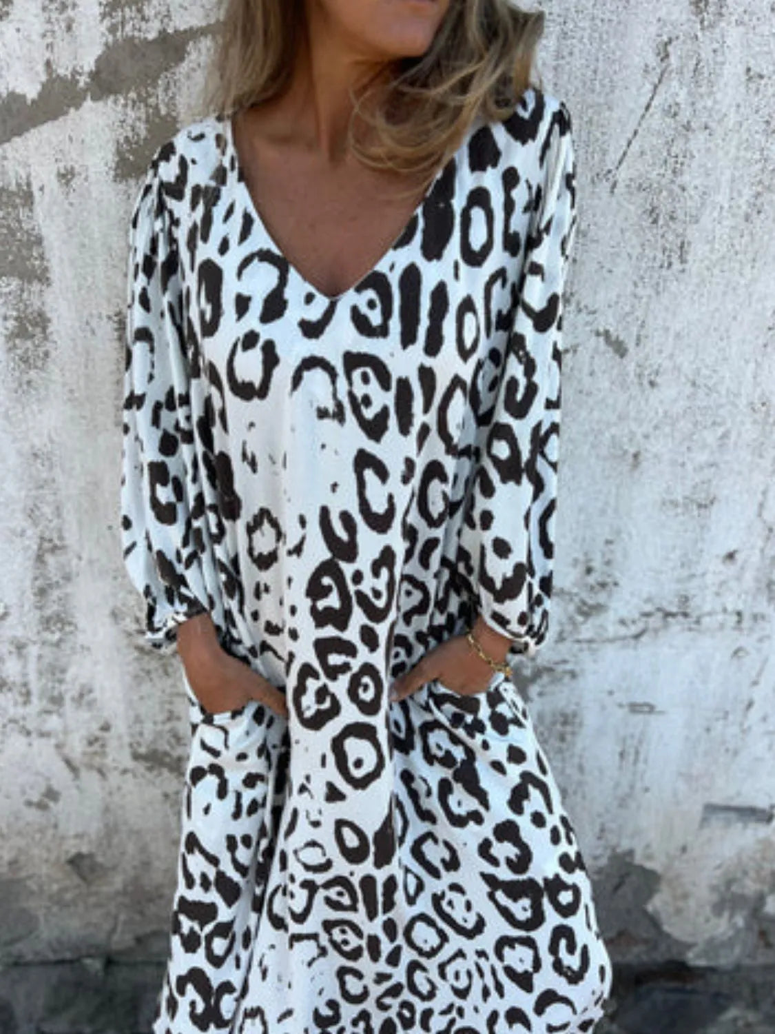 Printed V-Neck Dress with Pockets