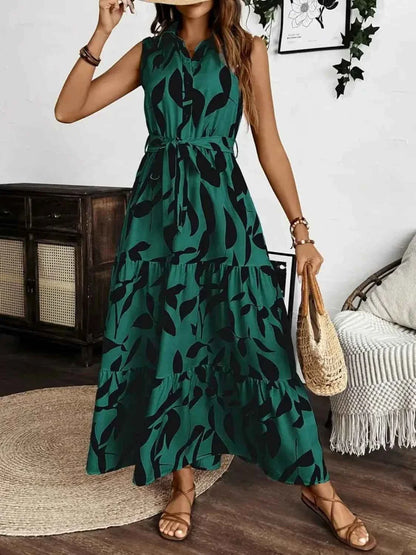 Printed Maxi Dress with Tie Waist - Sleeveless Elegance