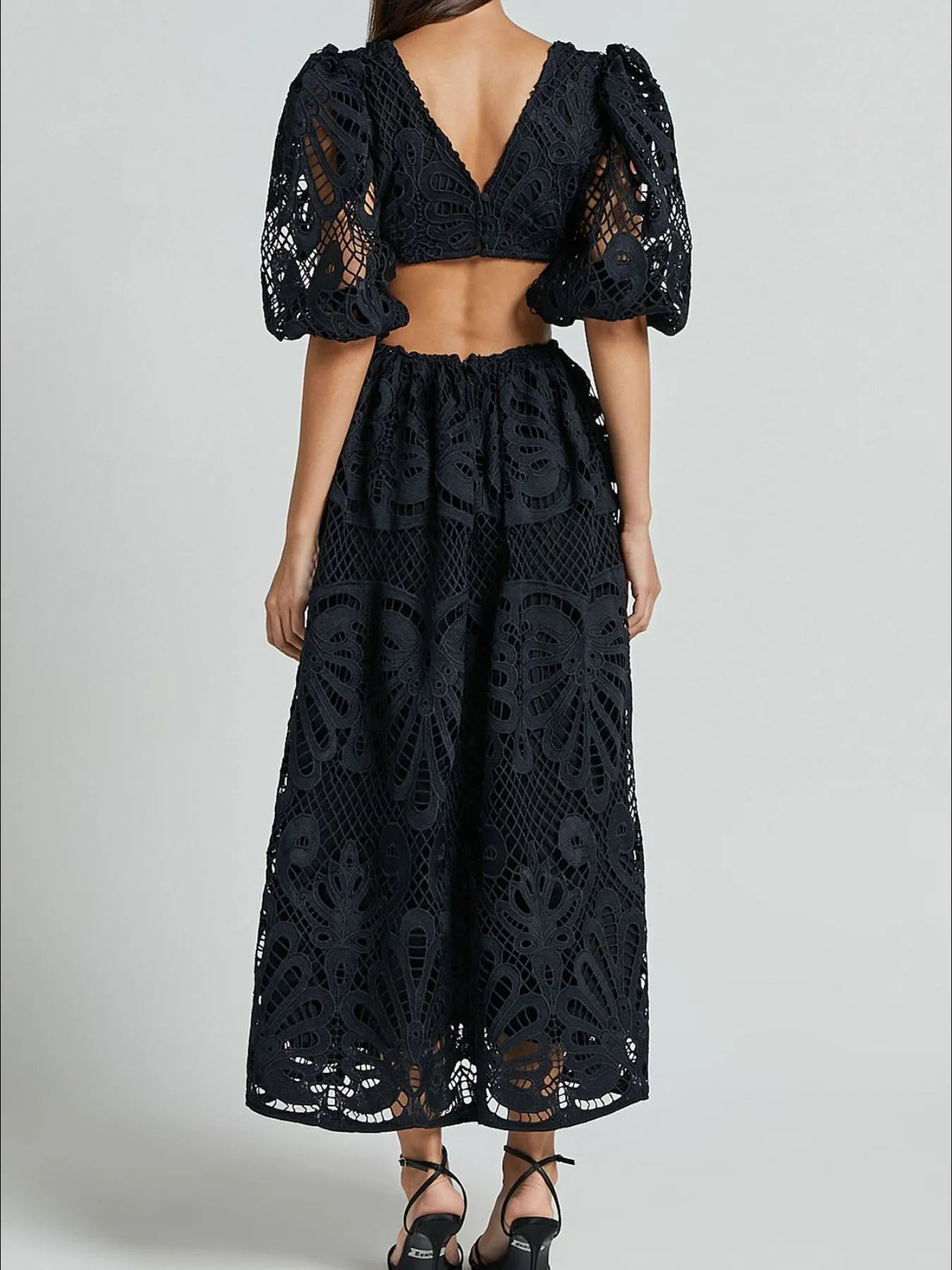Cutout Back Lace Crochet V-Neck Dress