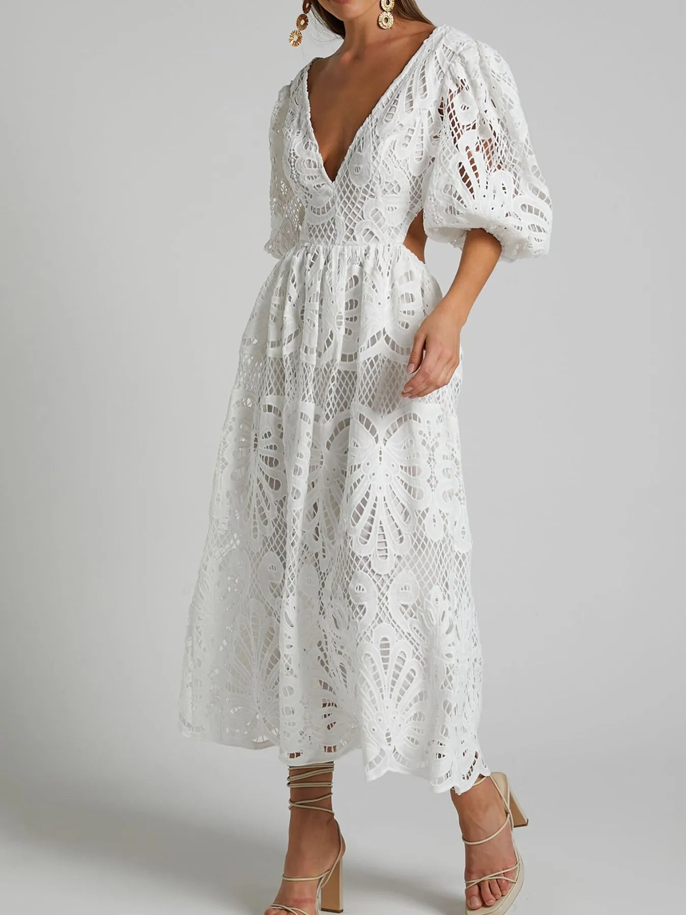 Cutout Back Lace Crochet V-Neck Dress