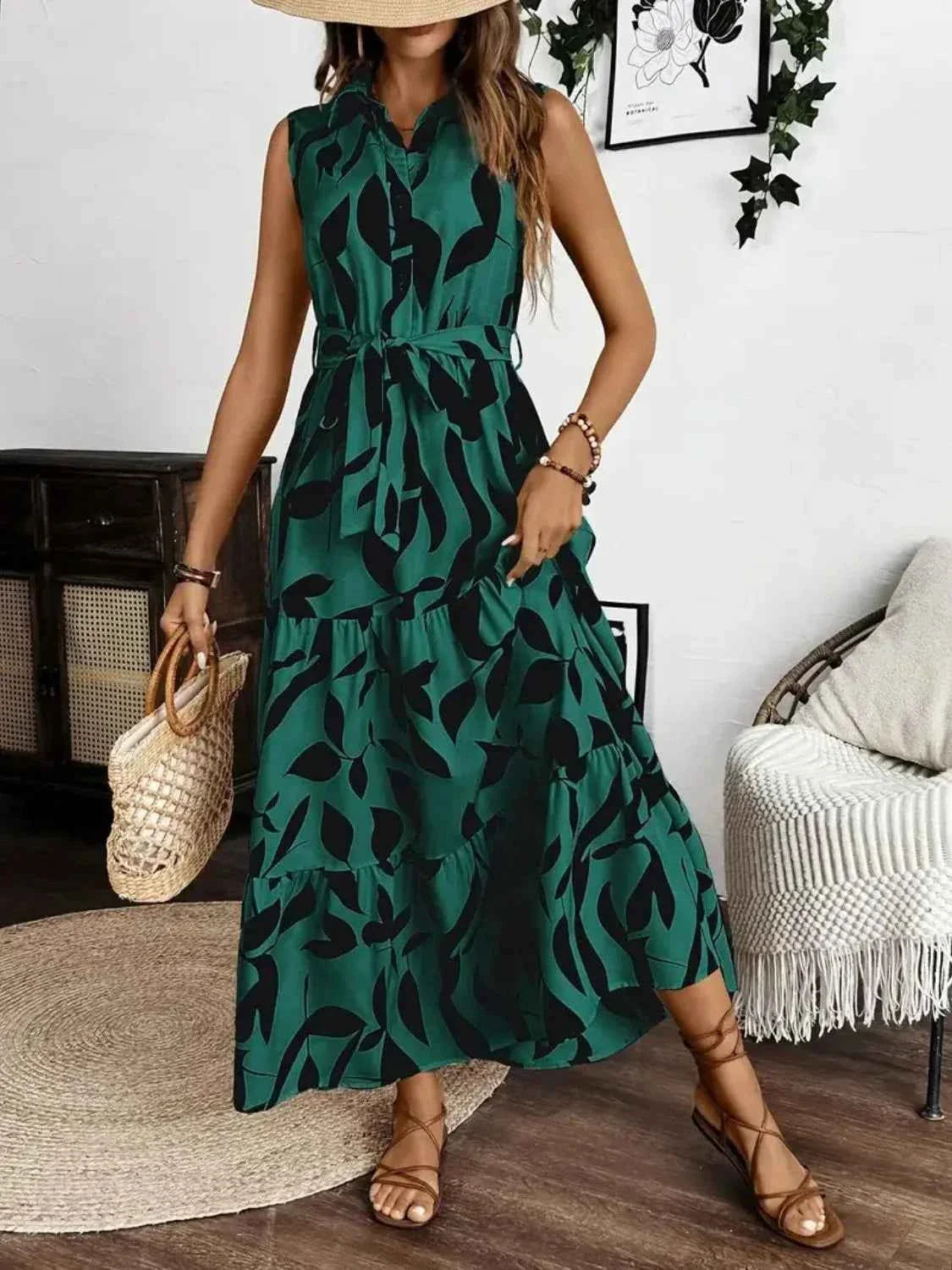 Printed Maxi Dress with Tie Waist - Sleeveless Elegance