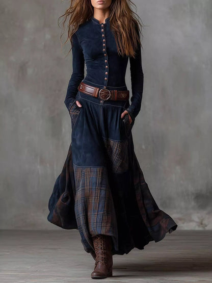 Plaid Button Front Long Sleeve Dress