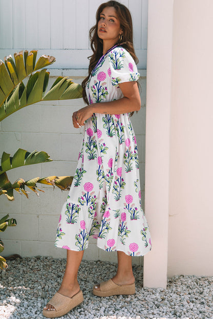 Luxury Floral Puff Short Sleeve V Neck High Waist Maxi Dress