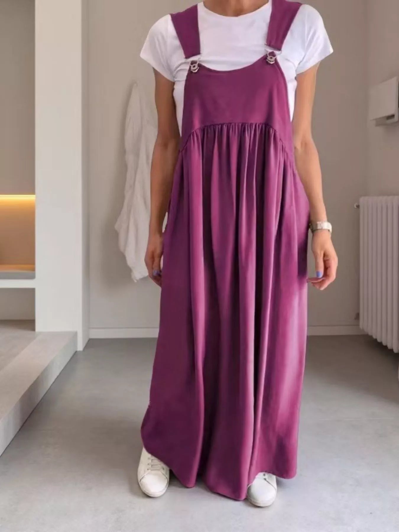 Ruched Wide Strap Overall Maxi Dress