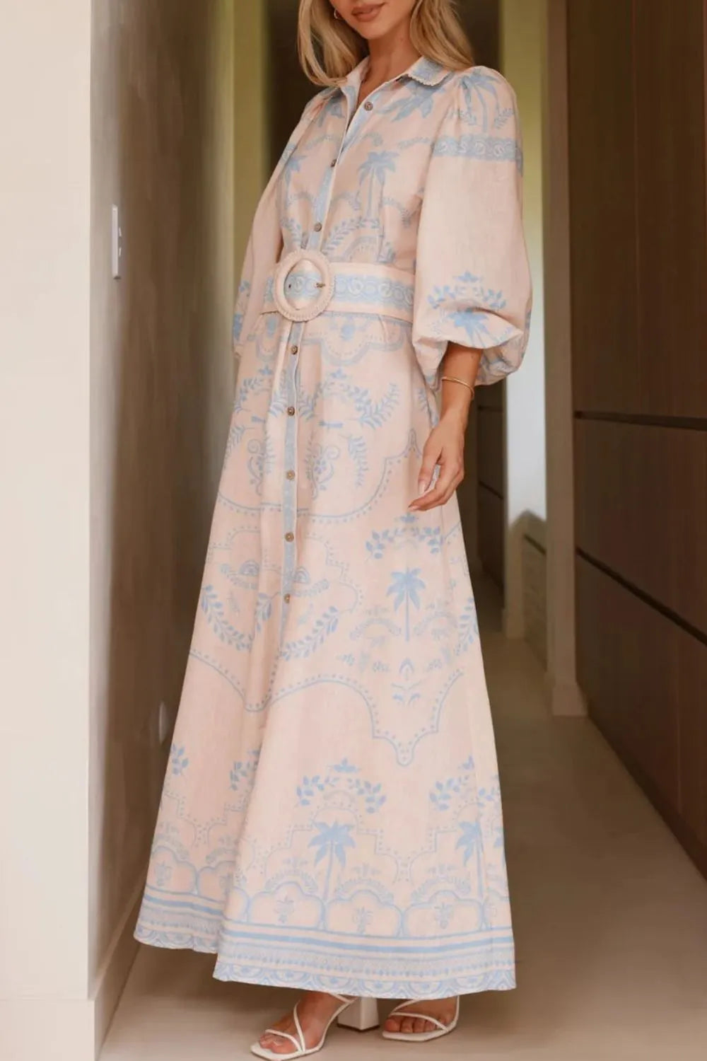 Printed Balloon Sleeve Maxi Shirt Dress