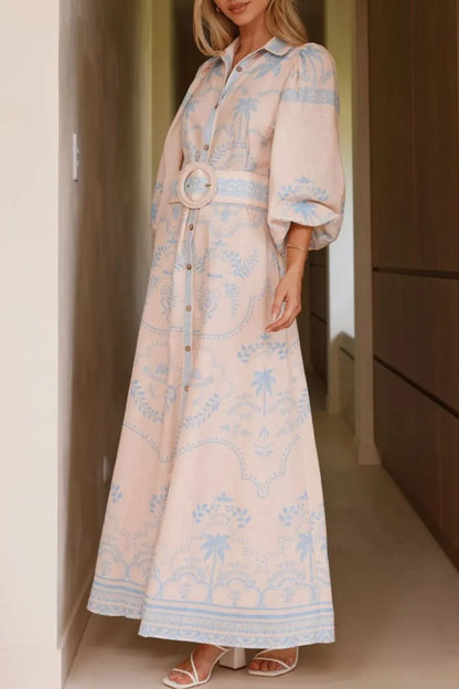 Printed Balloon Sleeve Maxi Shirt Dress