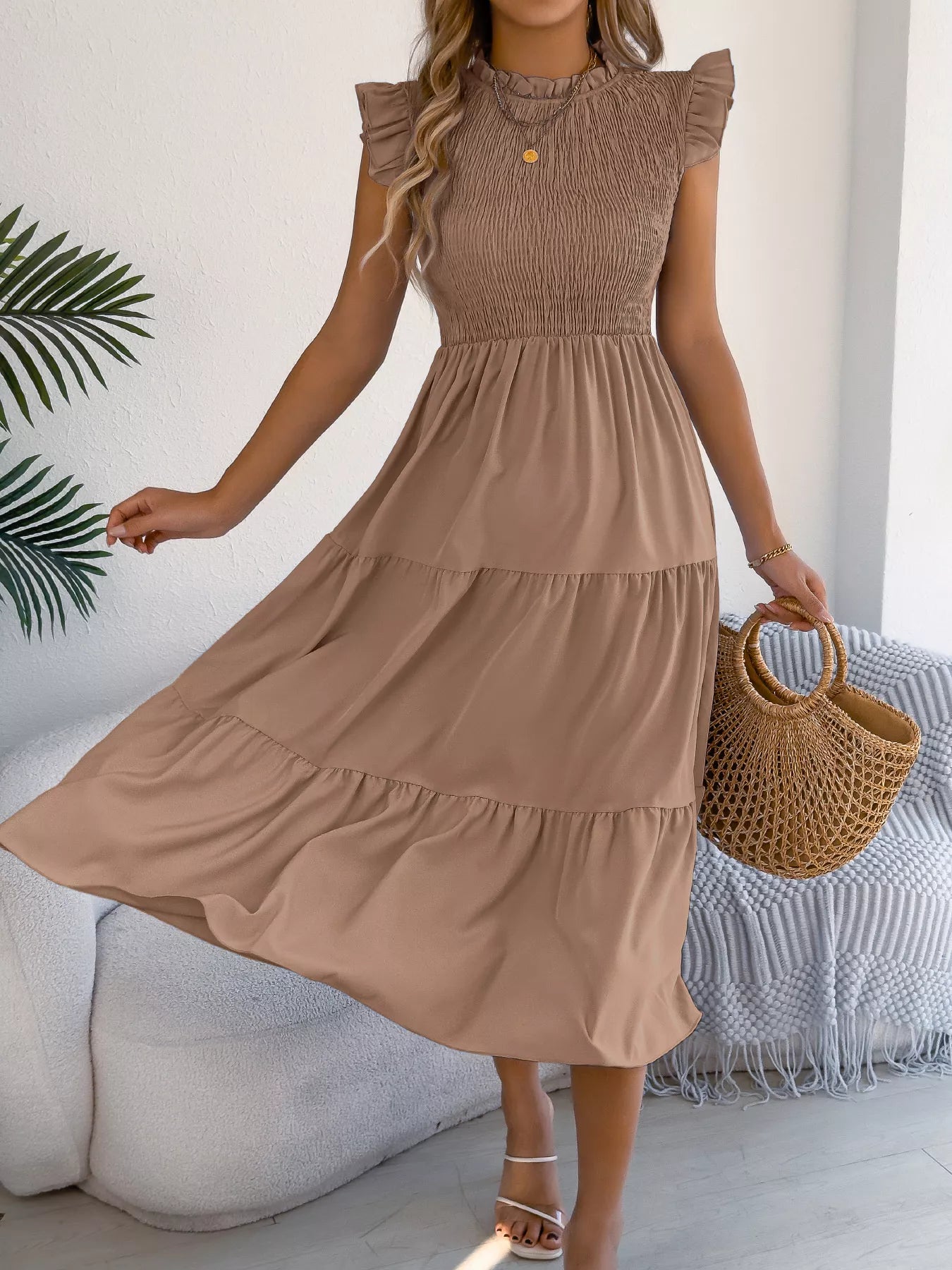 Women's Smocked Ruffle Midi Dress – Casual A-Line Cap Sleeve