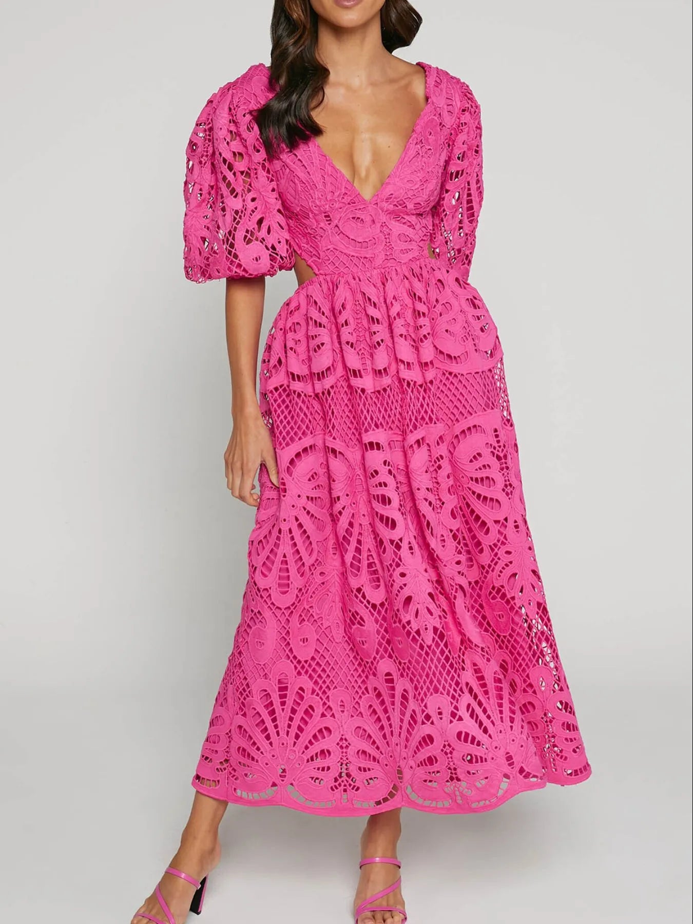 Cutout Back Lace Crochet V-Neck Dress
