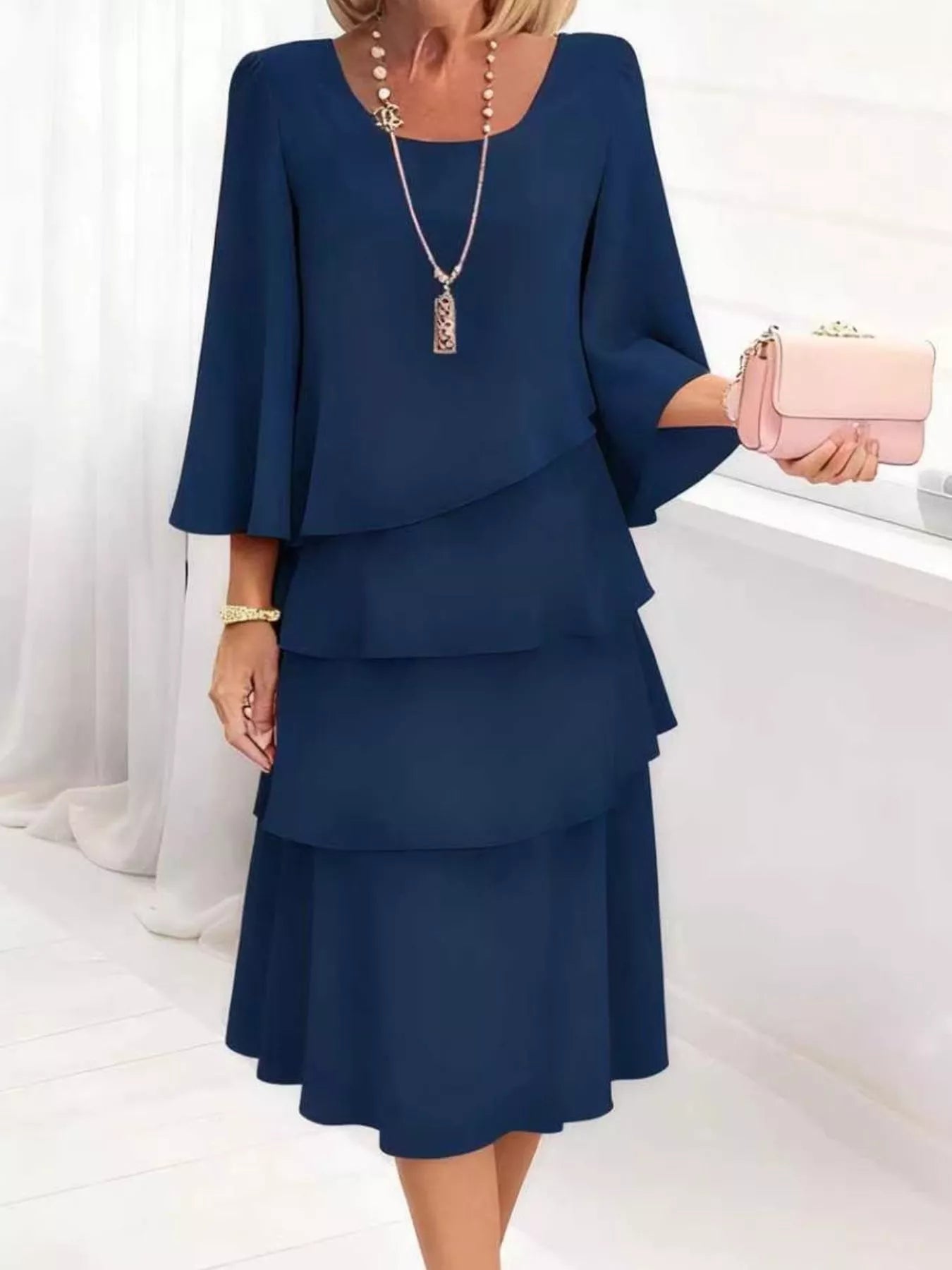 Ruffled Layered 3/4 Sleeve Dress