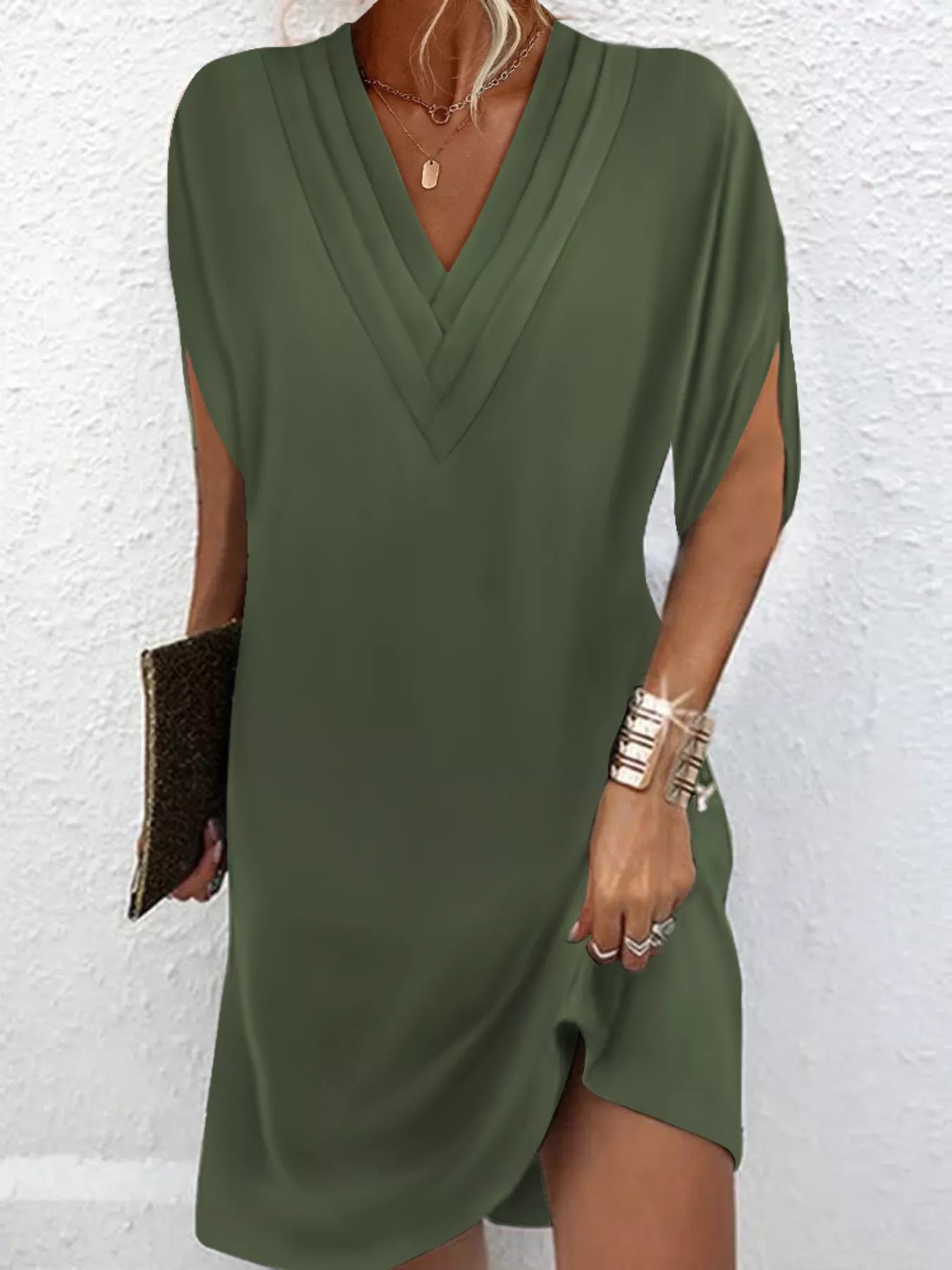 V-Neck Slit Sleeve Mini Dress