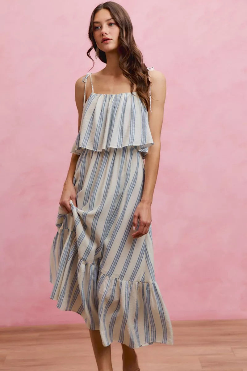Stripe Tiered Shoulder Tie Midi Lined Dress