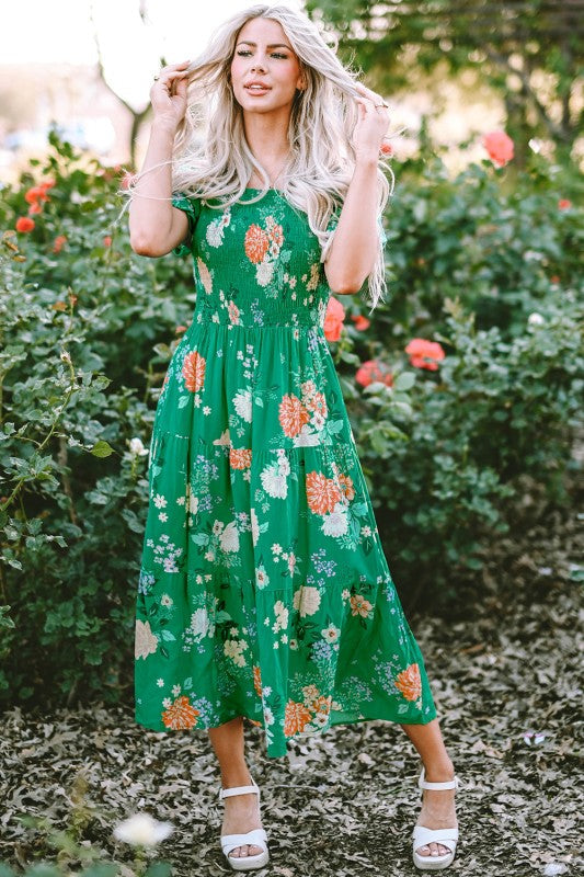Kailany Floral Bubble Sleeve Smocked Tiered Midi D