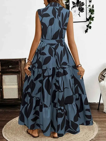 Printed Maxi Dress with Tie Waist - Sleeveless Elegance