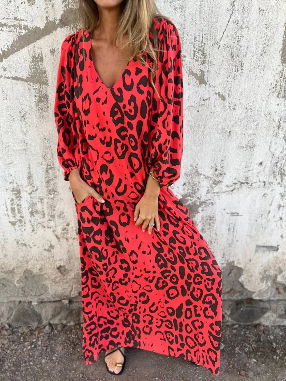 Printed V-Neck Dress with Pockets