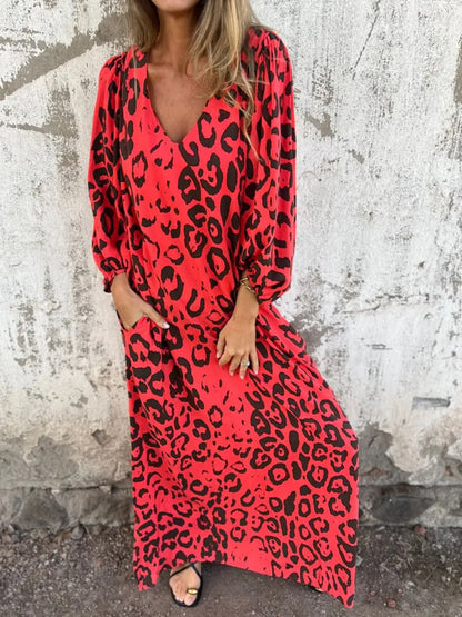 Printed V-Neck Dress with Pockets