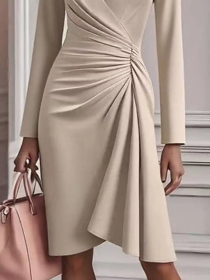 Front Ruched V-Neck Long Sleeve Dress