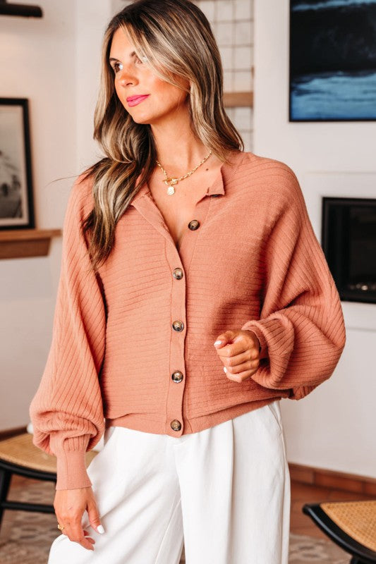 Ribbed Knit Button Front Dolman Sleeve Sweater Car