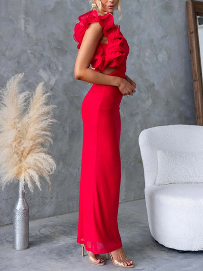 One-Shoulder Floral Trim Sleeveless Maxi Dress