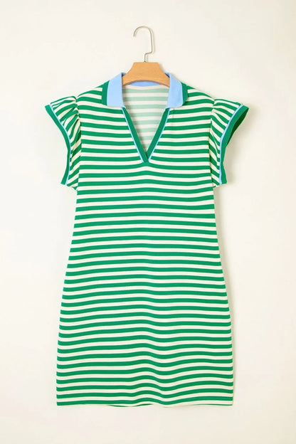 Stripe Print Contrast Collar Split Neck Flutter Sleeve Dress