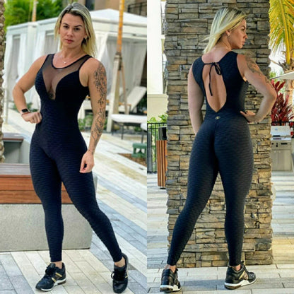BUTT SCRUNCH CLEAVAGE BLACK TEXTURE WAVE JUMPSUIT
