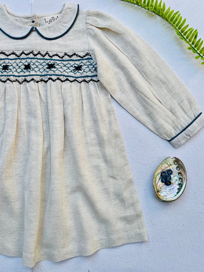 Natural Linen Blend Hand Smocked Girl's Dress