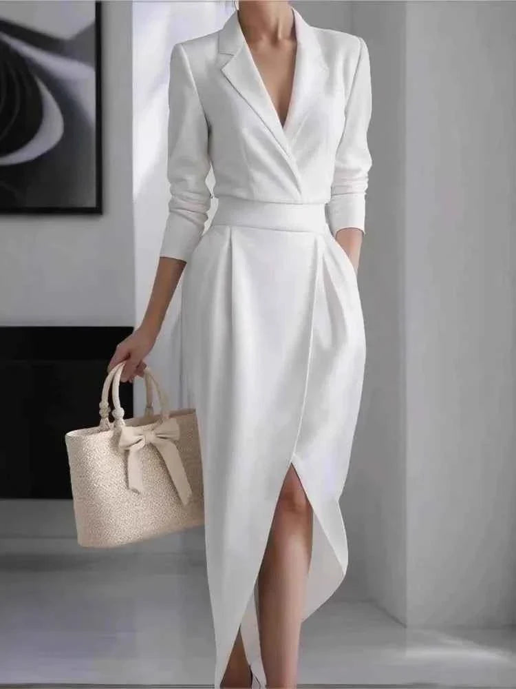 Vestido Elegante Oficina Mujer Cuello V Manga Larga - Moda Casual