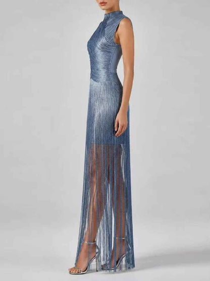 Vestido Elegante para Fiesta VGH Azul con Cuello Alto y Flecos Midi