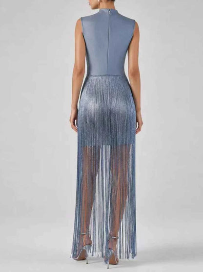 Vestido Elegante para Fiesta VGH Azul con Cuello Alto y Flecos Midi