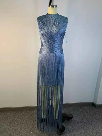 Vestido Elegante para Fiesta VGH Azul con Cuello Alto y Flecos Midi