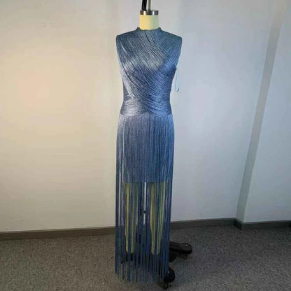 Vestido Elegante para Fiesta VGH Azul con Cuello Alto y Flecos Midi